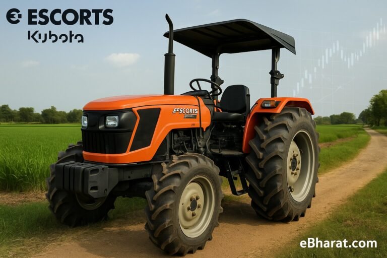 Escorts Kubota ट्रैक्टर हरे खेत में, ग्रामीण पृष्ठभूमि और हल्के वित्तीय ग्राफ़ के साथ, मासिक बिज़नेस अपडेट को दर्शाता हुआ।