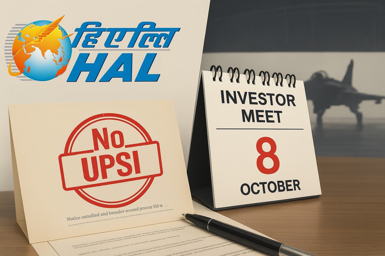 HAL investor meet announcement symbolised with corporate logo, compliance document and fighter jet background, highlighting no UPSI disclosure.