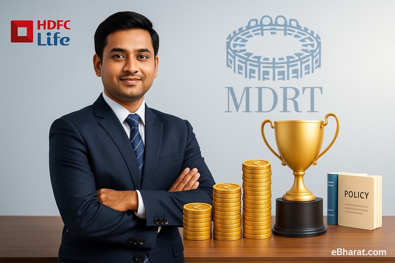Insurance advisor reaching MDRT milestone at HDFC Life with trophy and rising rupee stacks.