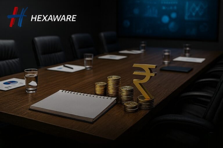 Corporate boardroom table with rupee coins symbolizing dividend decision and subtle IT/digital backdrop, representing Hexaware board meeting.