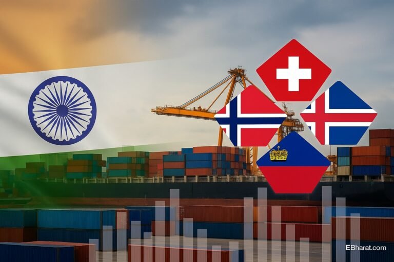 Editorial composite showing India–EFTA trade pact theme with cargo containers, handshake overlay, and gold bars symbolizing gold duty.