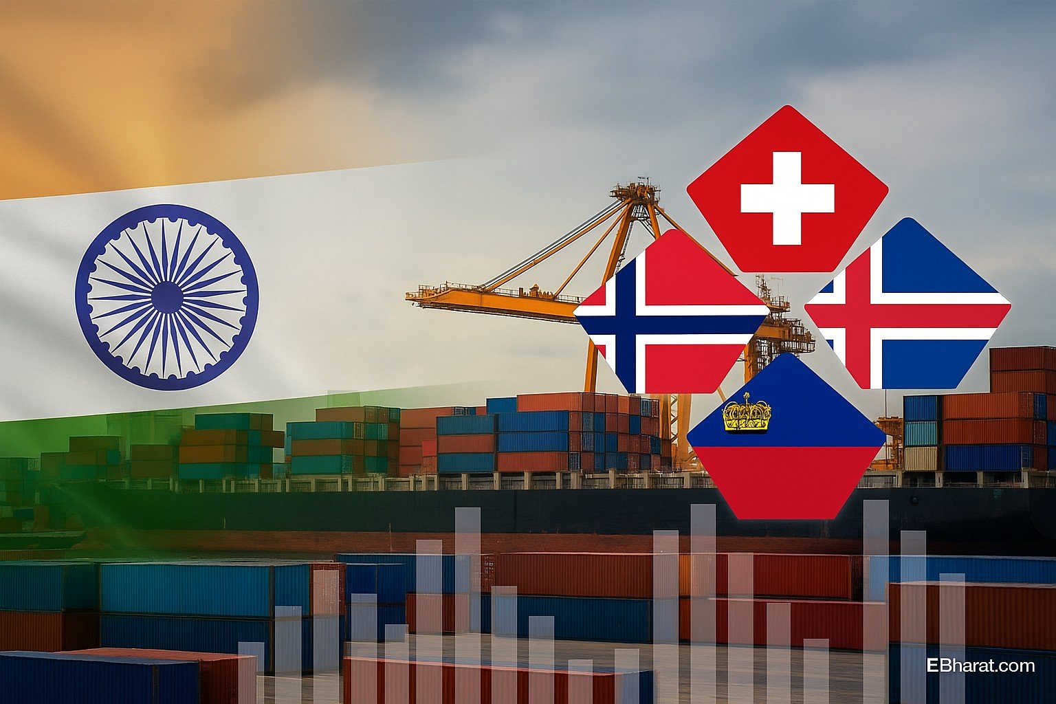 Editorial composite showing India–EFTA trade pact theme with cargo containers, handshake overlay, and gold bars symbolizing gold duty.