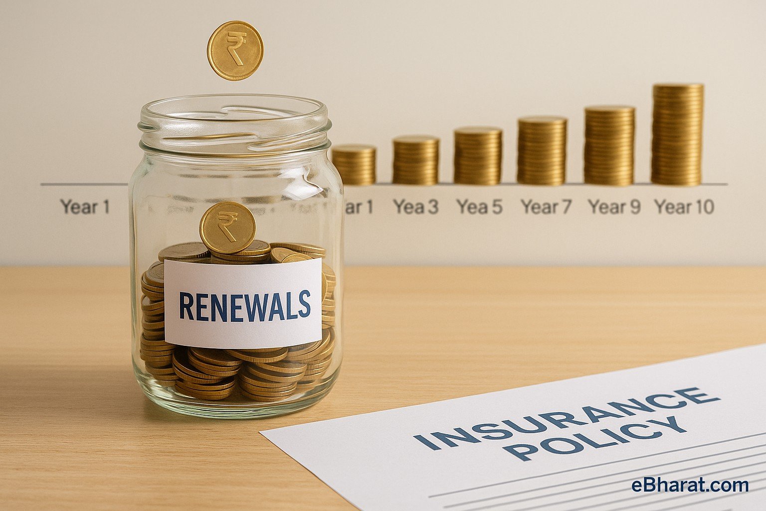 Rupee coins filling a glass jar labeled Renewals with a 10-year income growth timeline