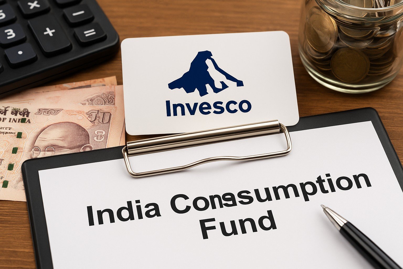 Mutual fund application form with calculator, rupee notes, and stock market chart on laptop screen with Invesco branding in background.