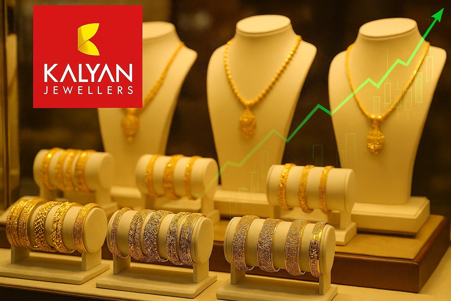 Kalyan Jewellers Q2 FY26 results — gold jewellery showroom with stock chart overlay