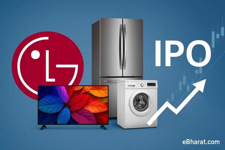 LG logo with appliances including TV, refrigerator and washing machine, alongside IPO and stock market cues — symbolizing LG India’s planned listing.