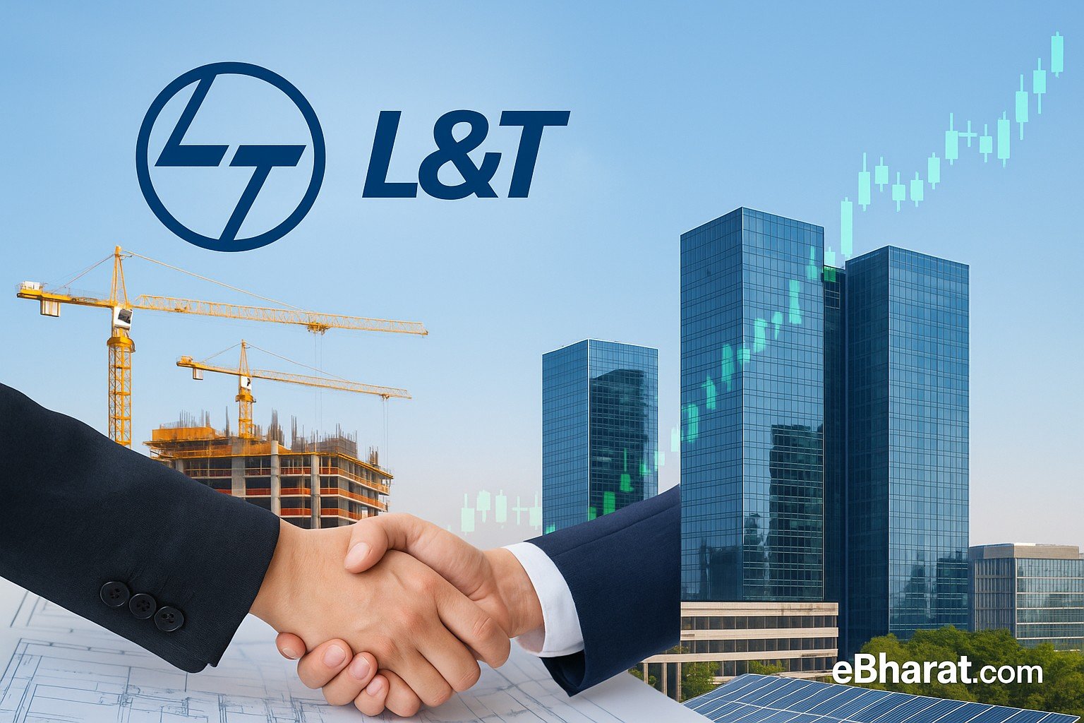 L&T logo over construction site visuals with cranes, high-rise towers and stock chart overlay, symbolizing major order wins.
