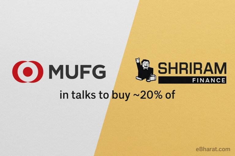 MUFG and Shriram Finance logos side by side, symbolizing stake acquisition talks for ~20% at ₹23,200 crore.