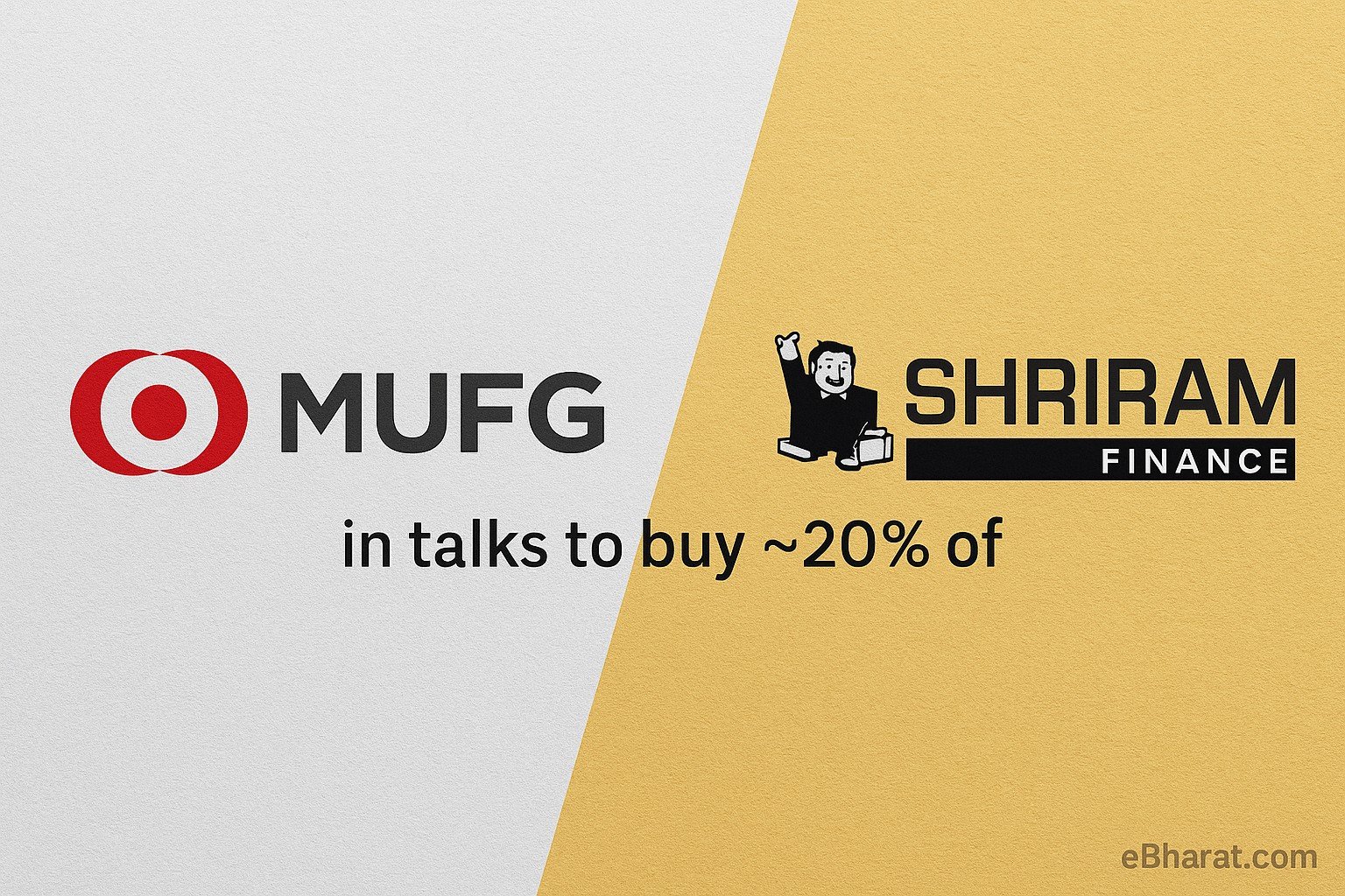 MUFG and Shriram Finance logos side by side, symbolizing stake acquisition talks for ~20% at ₹23,200 crore.