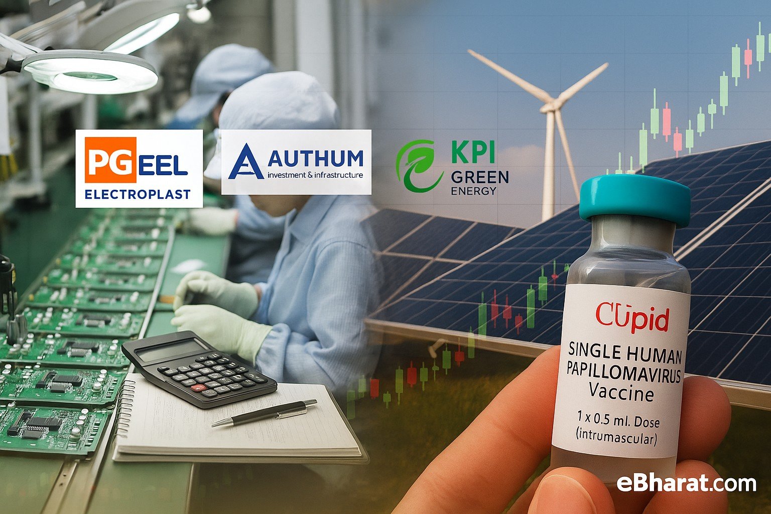 Composite image showing PG Electroplast factory assembly line, Authum finance desk with calculator, solar panels and wind turbine for KPI Green, and a medical vial for Cupid, overlaid with rising stock chart.