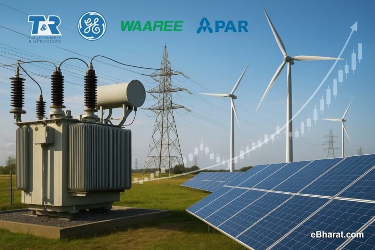Transformer yard with solar panels and wind turbines in the background, overlaid with stock market growth chart and logos of Transformers & Rectifiers, GE T&D India, Waaree, Apar, and Inox Wind Energy.