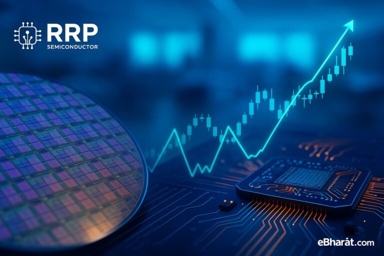 Close-up of silicon wafer and semiconductor circuits with an upward stock chart overlay, symbolizing RRP Semiconductor’s record rally.