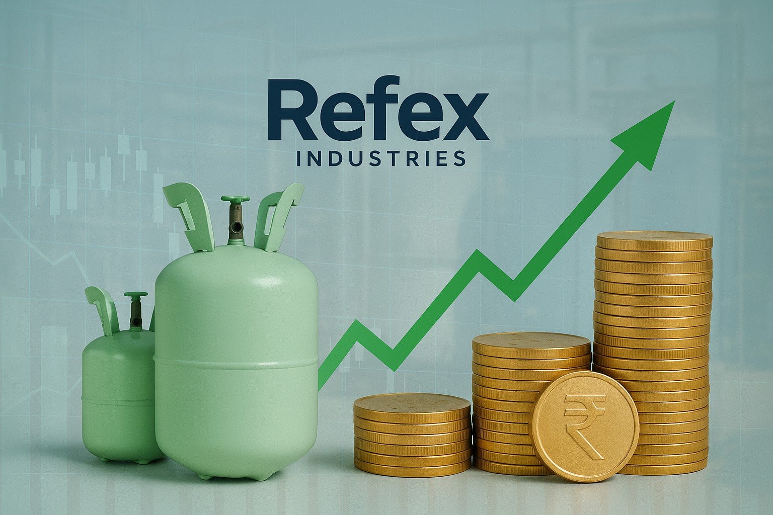 Refex Industries logo with refrigerant cylinders, rupee coins, and stock chart upward arrow symbolizing promoter warrant conversion and equity growth.
