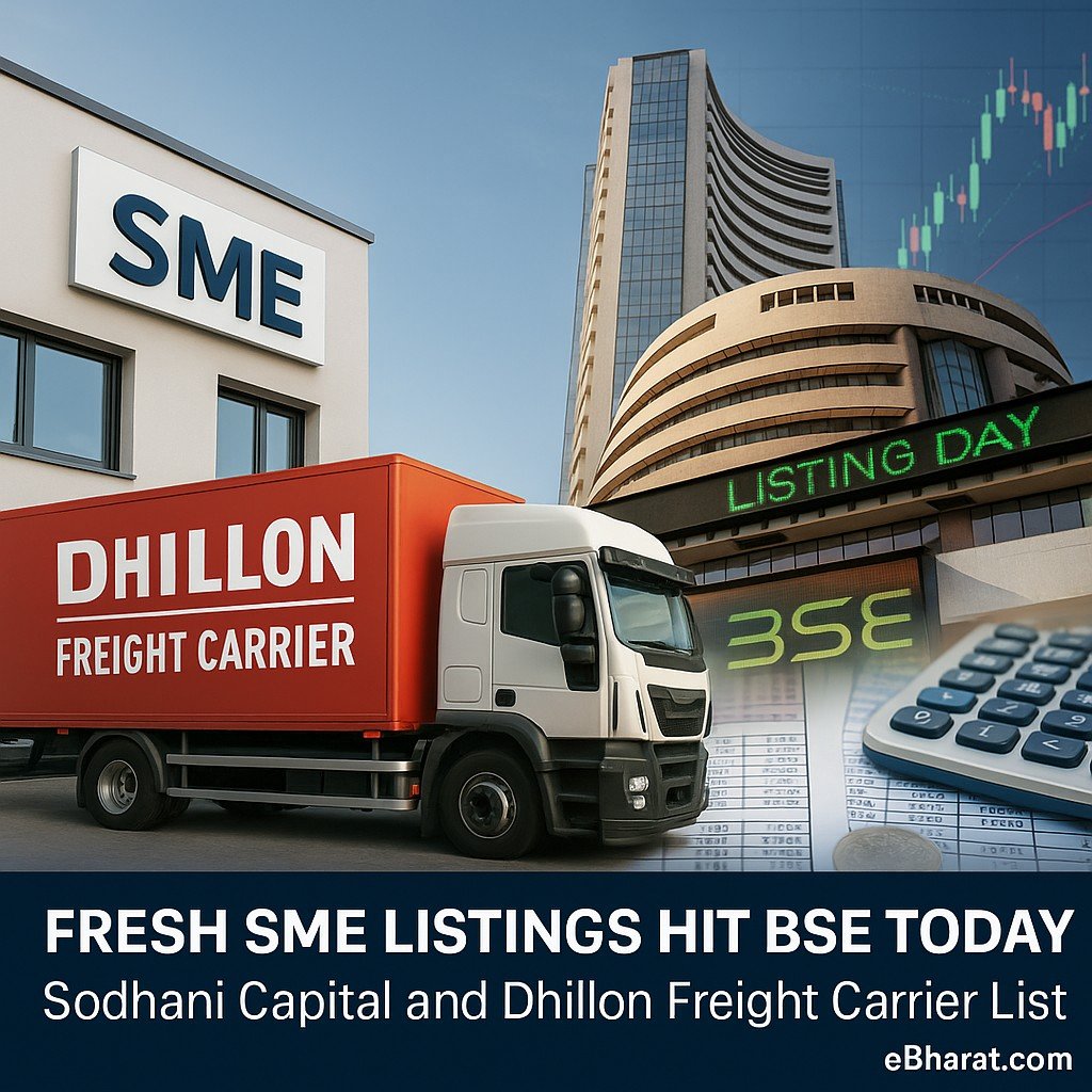 Realistic image with transport truck, cargo boxes, calculator, and documents representing Dhillon Freight Carrier and Sodhani Capital SME listings on BSE.