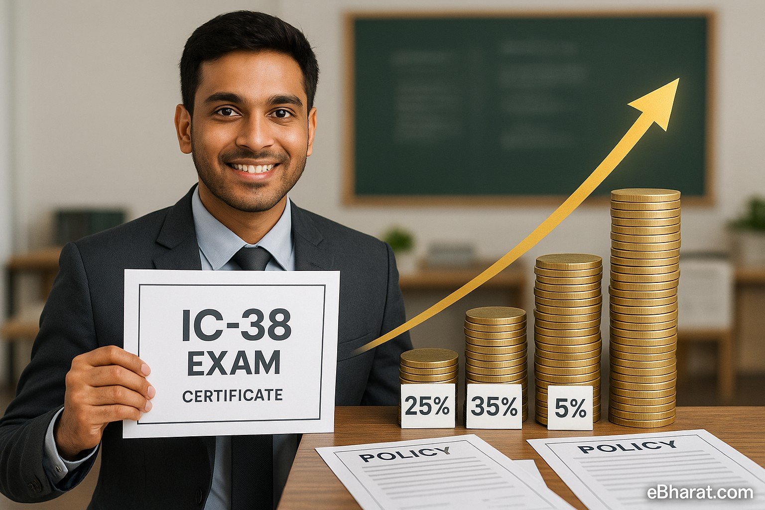 New insurance agent clears IC-38 exam and begins commission income roadmap with rupee stacks and policy documents.