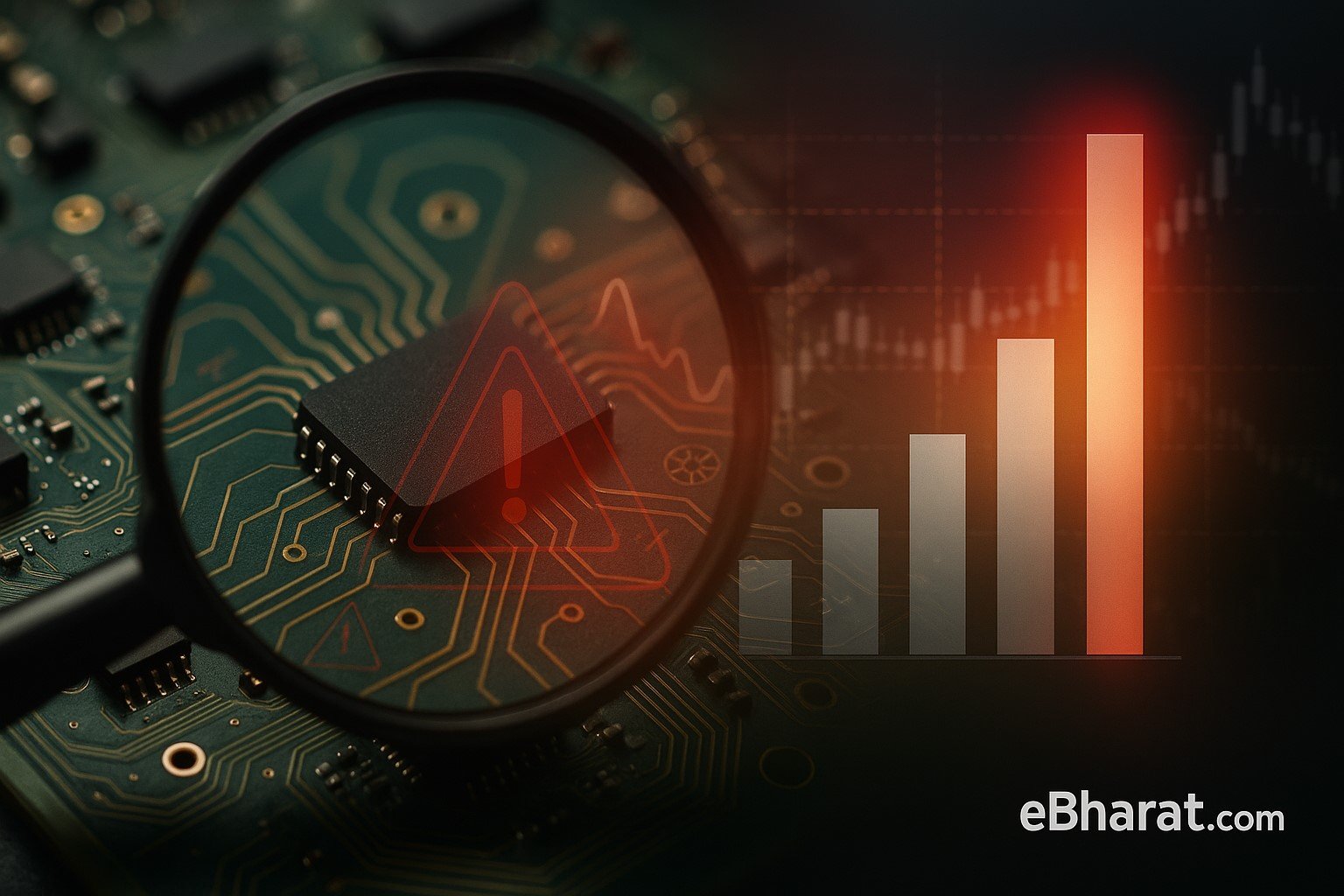 Magnifying glass over a microchip on a PCB with a red caution triangle and a chart showing one tall bar—signaling overheated semiconductor valuation (eBharat.com).