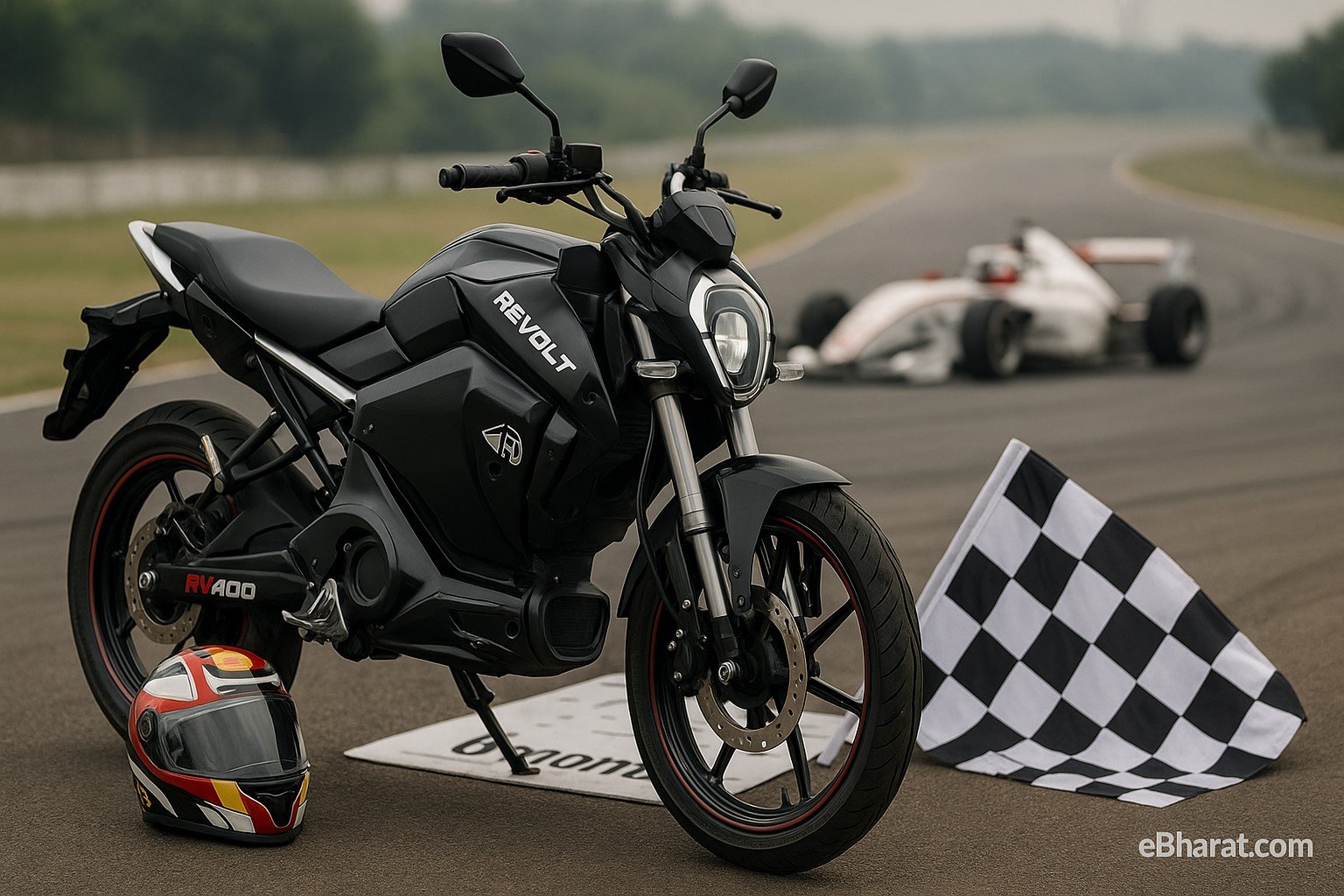“Revolt Motors RV400 electric bike with racing helmet and F4 track backdrop, symbolizing Ethan Joy sponsorship.”