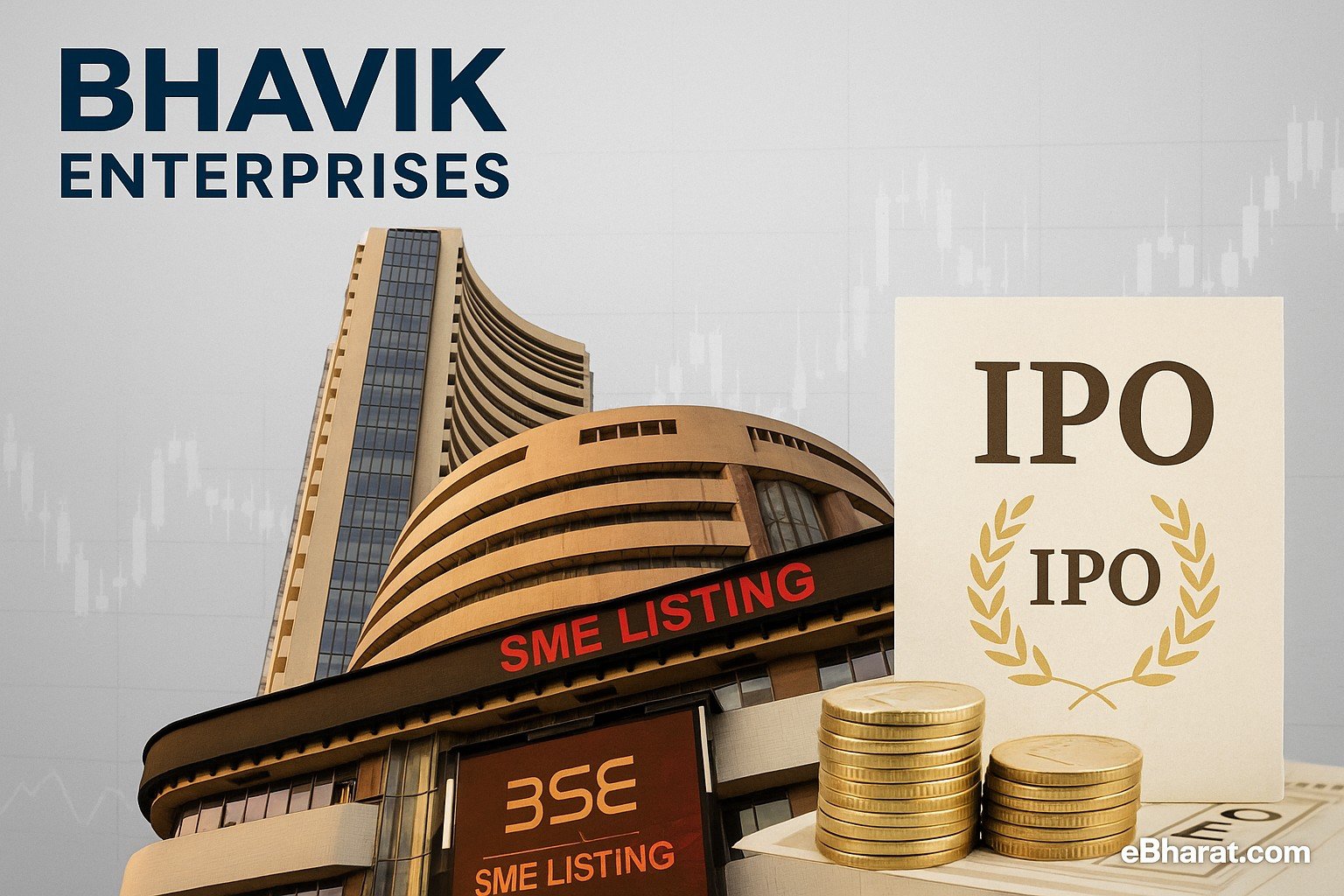 Bhavik Enterprises SME IPO listing — BSE building with rupee coins, IPO application form, and flat stock chart overlay