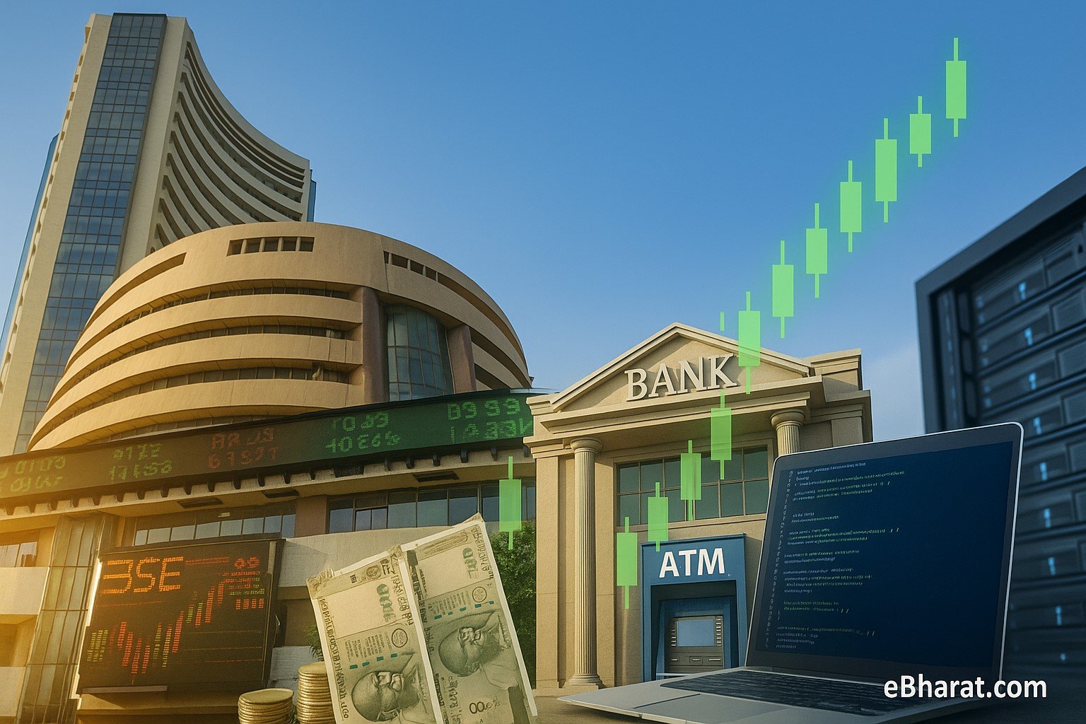 “Sensex rebounds 583 points with banks and IT stocks leading gains — BSE building with digital ticker and financial growth cues.”