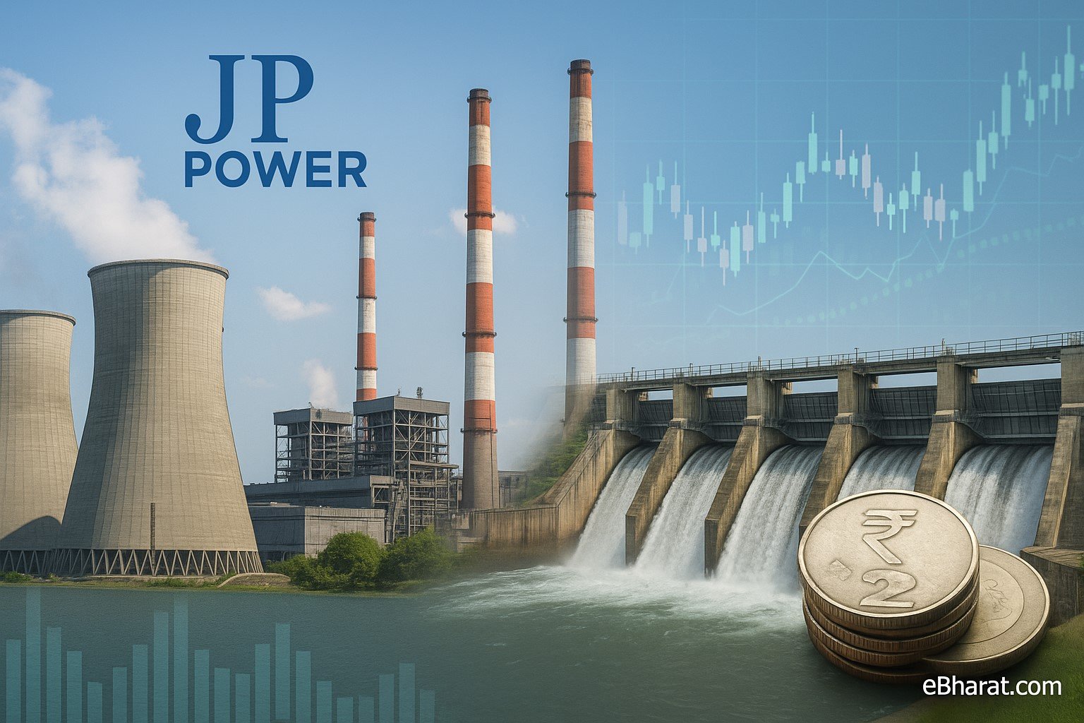 A composite image of JP Power showing thermal power plant chimneys and a hydroelectric dam with cascading water, overlaid with a stock market chart and rupee coins, symbolizing market valuation; eBharat.com watermark visible.