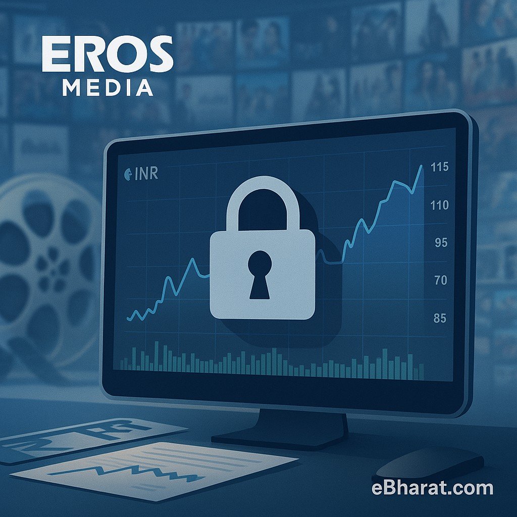 Eros Media लोगो के साथ मॉनिटर पर स्टॉक चार्ट और ताला आइकन; पीछे फिल्म रील व OTT थंबनेल; eBharat.com वॉटरमार्क।