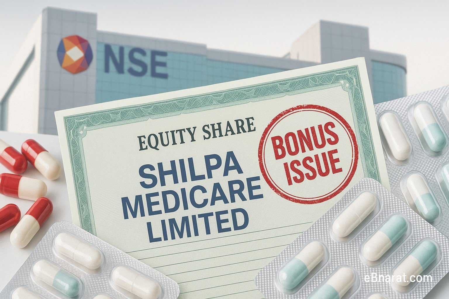 “Shilpa Medicare bonus shares listed on NSE with pharma products and stock market backdrop.”
