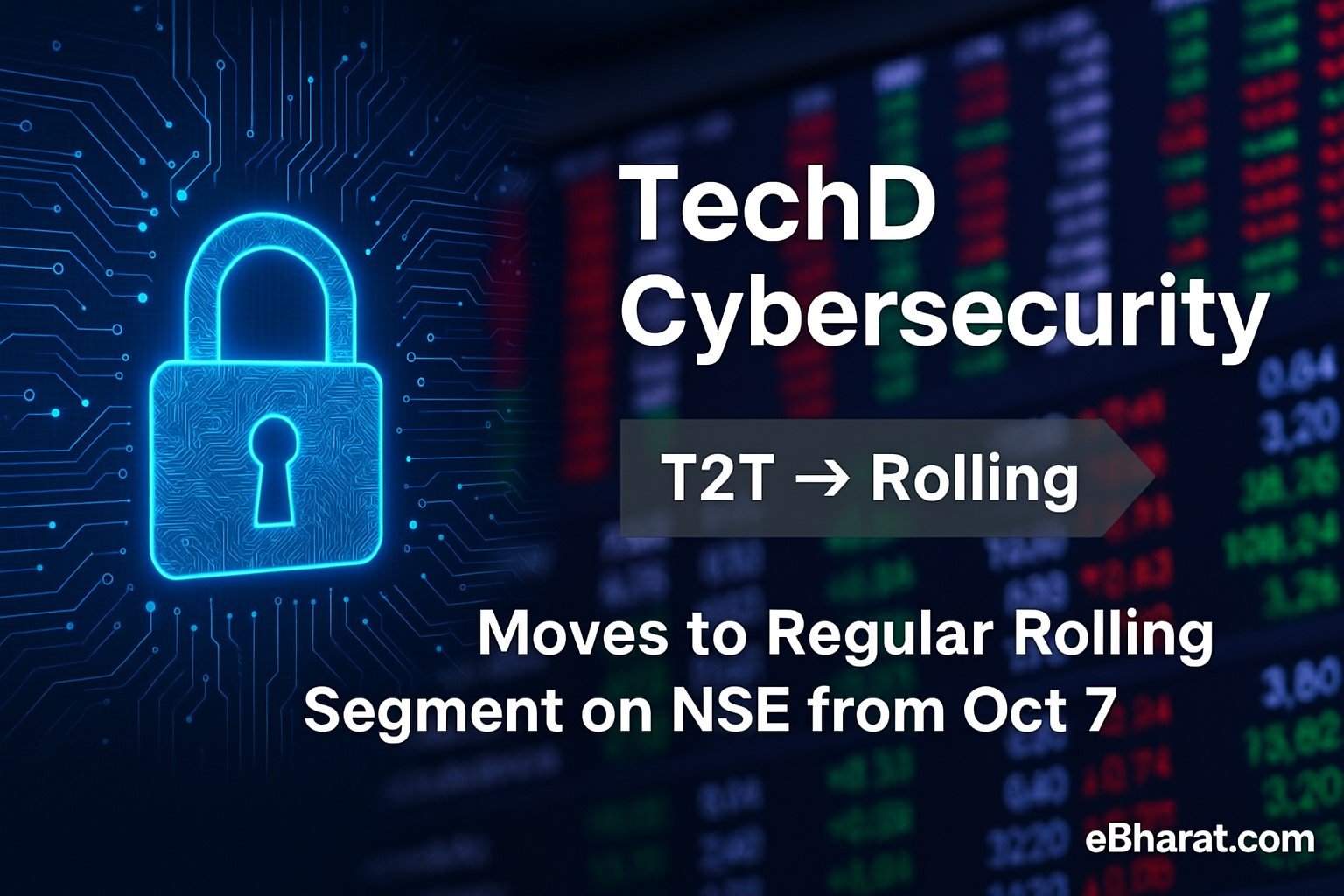 “TechD Cybersecurity exits trade-for-trade, moves to NSE rolling segment; digital security with stock ticker backdrop.”