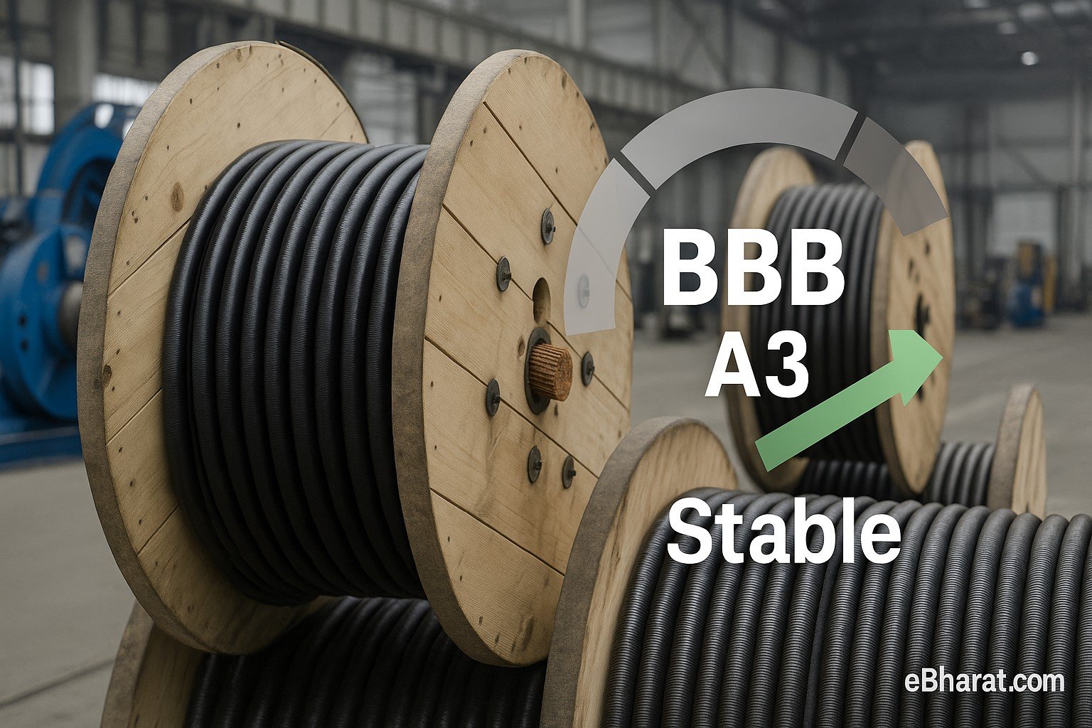 “Cords Cable factory reels with a credit rating gauge overlay, illustrating CareEdge reaffirmation of BBB/Stable and A3 ratings.”
